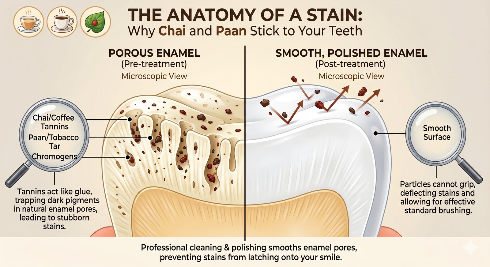 Microscopic infographic comparing porous enamel with chai, coffee, paan and tobacco tar pigments stuck inside the enamel pores on the left, versus smooth professionally-polished enamel deflecting stain particles on the right — Tru Smile Dental, Jogeshwari West Mumbai