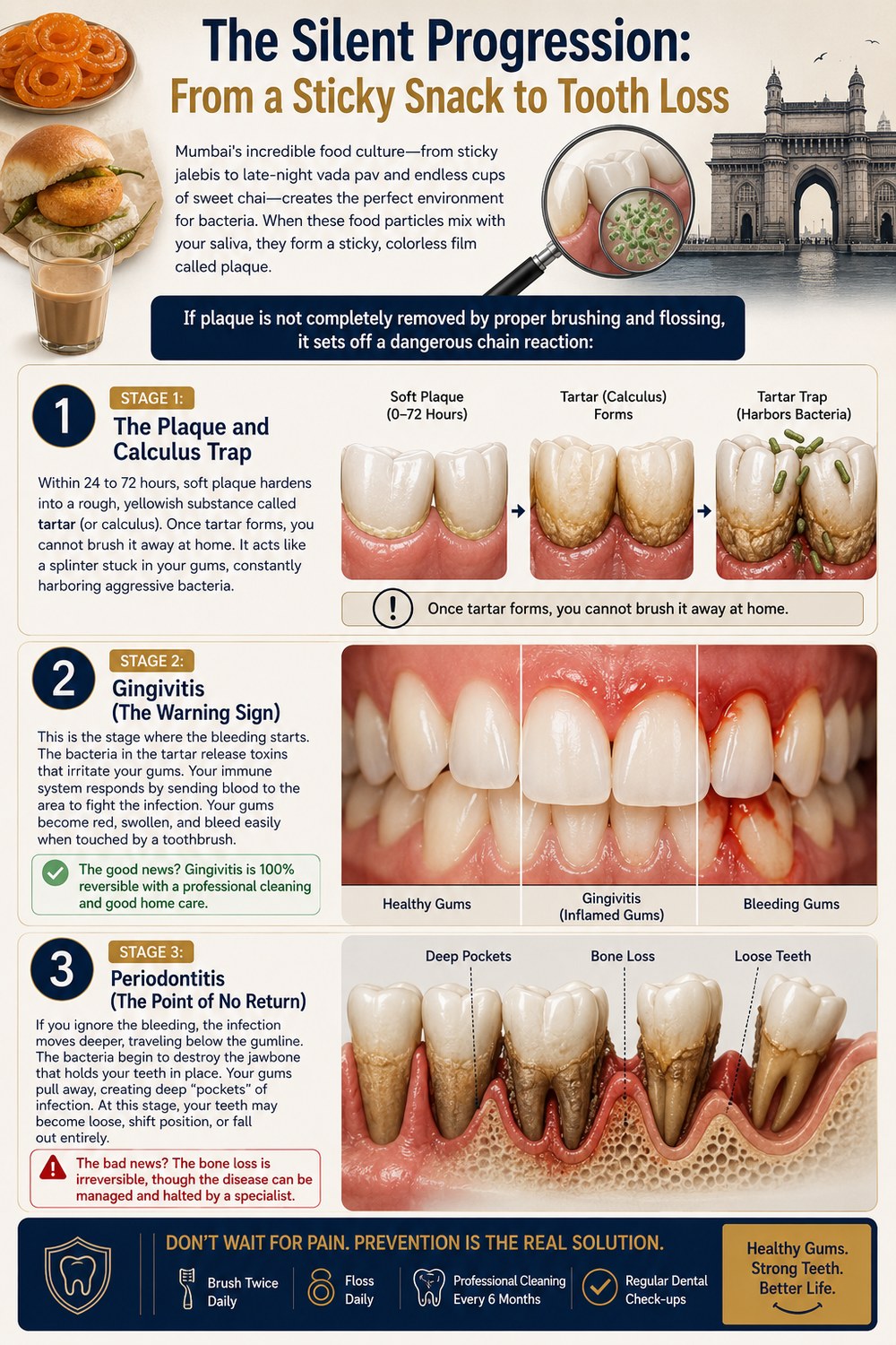 The silent progression of gum disease infographic showing the 3 stages from a sticky snack to tooth loss in Mumbai patients: Stage 1 plaque and tartar buildup within 24-72 hours, Stage 2 gingivitis with bleeding gums (reversible with cleaning), Stage 3 periodontitis with deep pockets, bone loss, and loose teeth (irreversible) — Tru Smile Dental Jogeshwari