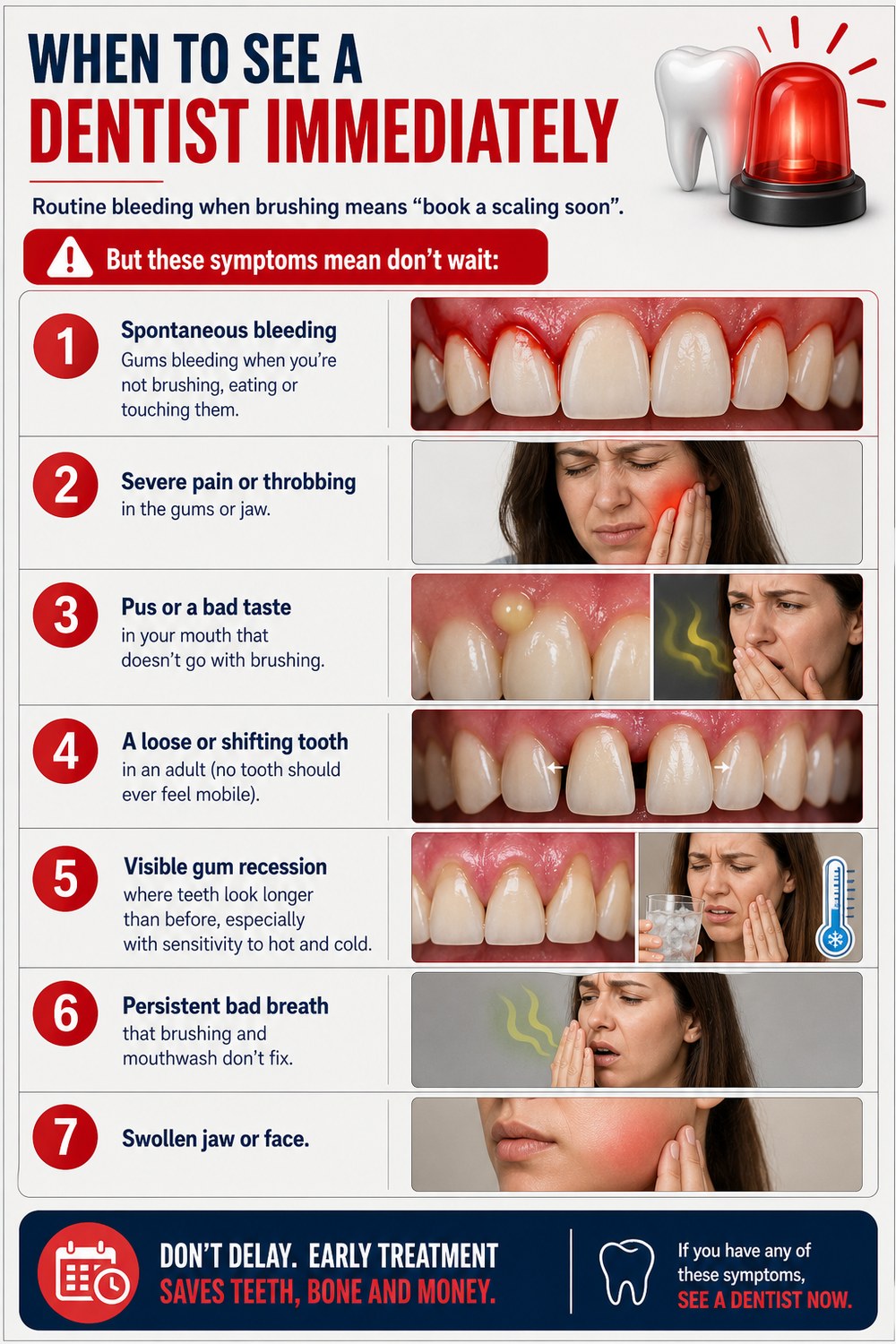 Dental emergency warning symptoms infographic — 7 red-flag signs that mean see a dentist immediately at our Jogeshwari West Mumbai clinic: spontaneous bleeding, severe pain or throbbing in the gums or jaw, pus or a bad taste in the mouth, a loose or shifting adult tooth, visible gum recession with hot and cold sensitivity, persistent bad breath that brushing and mouthwash don't fix, and swollen jaw or face — early treatment saves teeth, bone and money