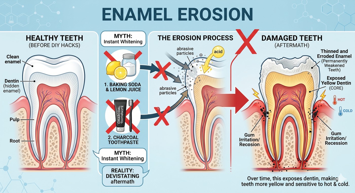Enamel erosion progression infographic warning against DIY teeth-whitening hacks: healthy enamel before, damage caused by baking soda with lemon juice and charcoal toothpaste, and the aftermath of thinned enamel exposing yellow dentin with gum recession and hot-cold sensitivity