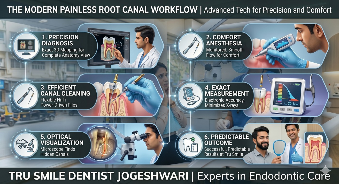 6-step modern painless root canal workflow at Tru Smile Jogeshwari: precision 3D diagnosis, comfort anaesthesia, rotary Ni-Ti canal cleaning, electronic apex measurement, dental microscope visualisation, and predictable outcome