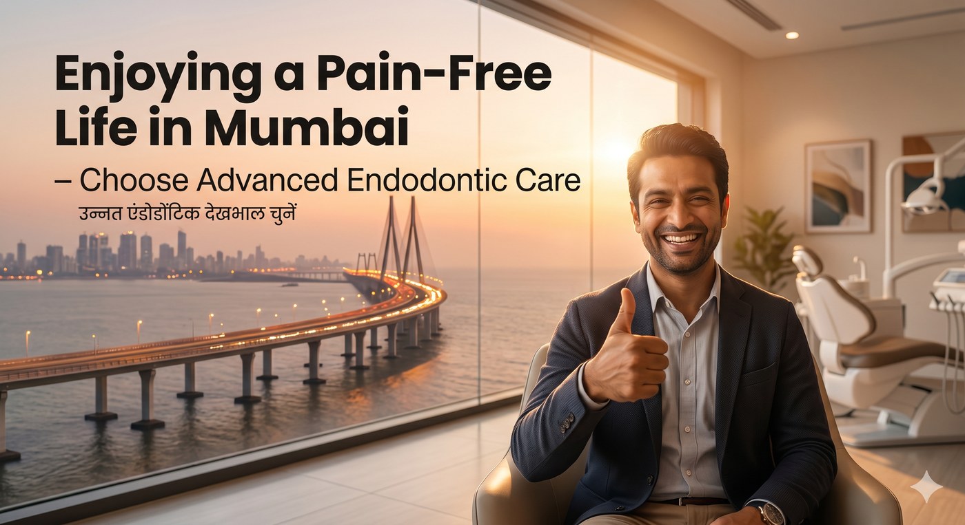 Smiling Mumbai patient giving a thumbs-up at a modern dental clinic with the Bandra-Worli Sea Link in the background — enjoying a pain-free life after advanced endodontic root canal care at Tru Smile, Jogeshwari West