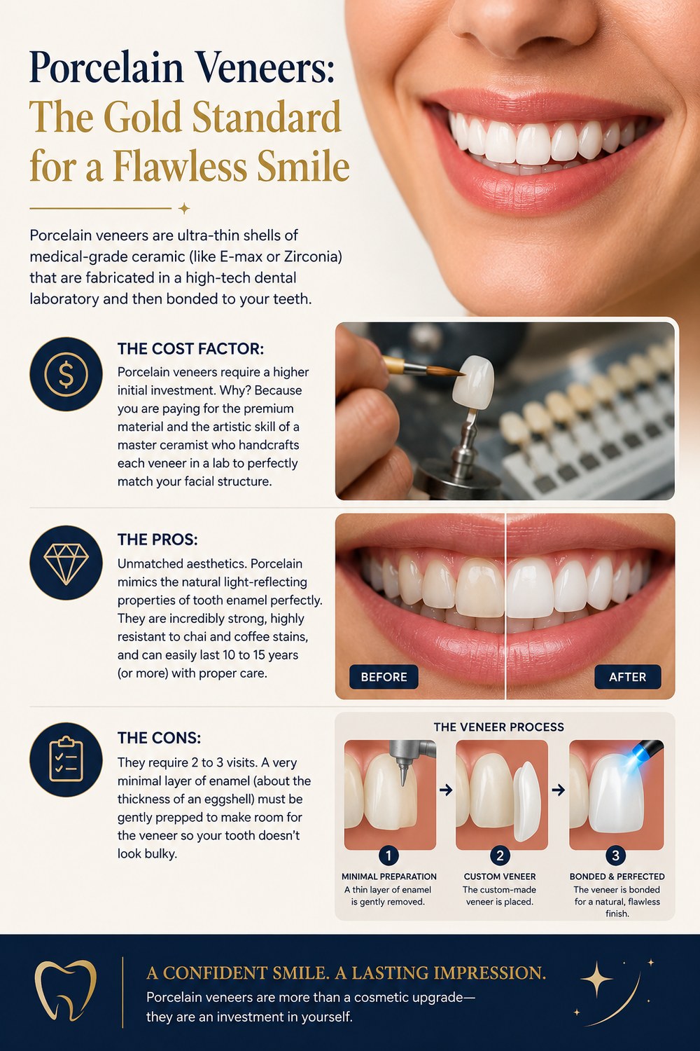 Porcelain veneers infographic showing the cost factor, pros and cons, before-and-after smile transformation, and the 3-step veneer process — minimal preparation, custom veneer fabrication, and final bonding — illustrating why E-max and zirconia porcelain veneers are the gold standard for a flawless smile makeover at Tru Smile Dental Mumbai