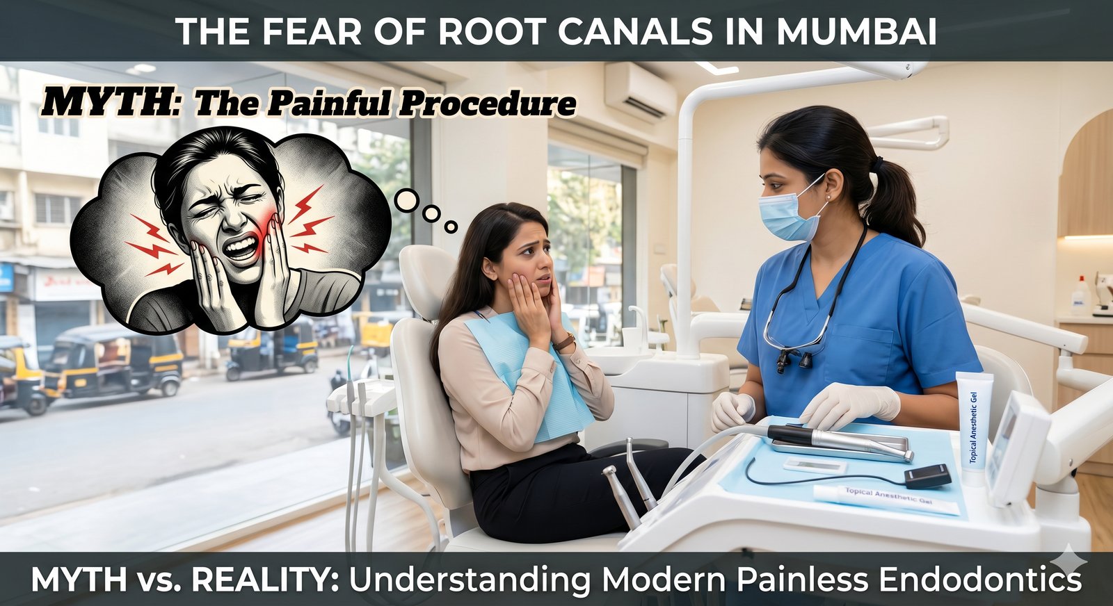 Patient anxious in modern Mumbai dental clinic chair next to dentist — illustrating the myth vs reality of painless root canal treatment